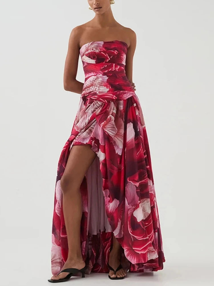 Sexy Strapless Printed Split Deign Long Bubble Dress Women GlowCart
