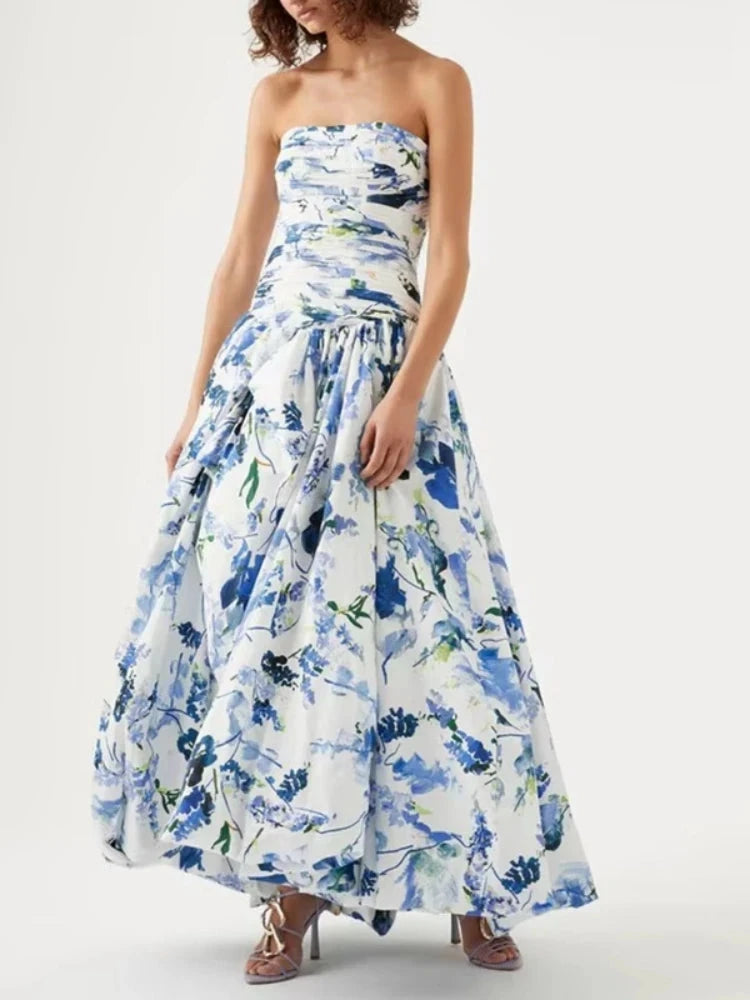 Sexy Strapless Printed Split Deign Long Bubble Dress Women GlowCart