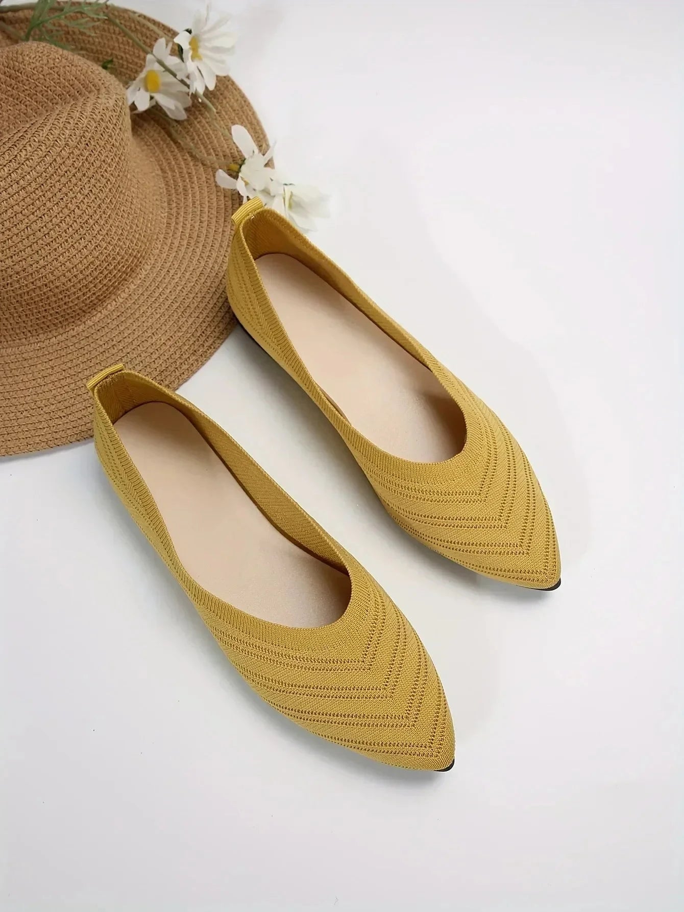 New 2024 Pointed Toe Flat Office Boat Solid Color Knitted GlowCart