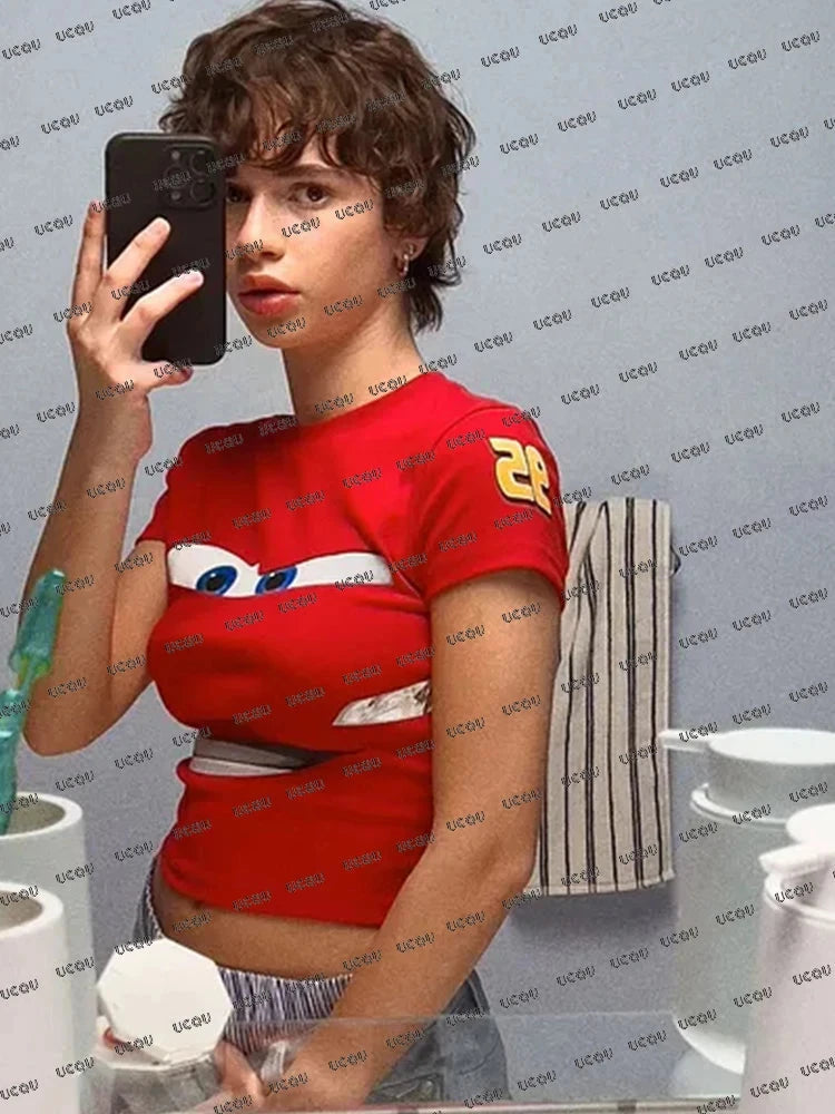 2025 Summer New Lightning Mcqueen Print T-shirt For Women GlowCart