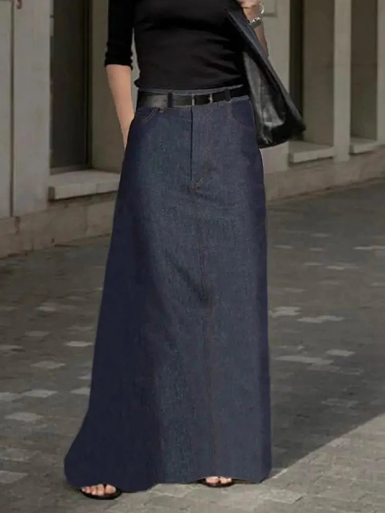 2025 New Fashion Imitation Denim H-Line High Waist Skirts Spring Summer Loose Solid Color Pockets Maxi Skirt For Women GlowCart