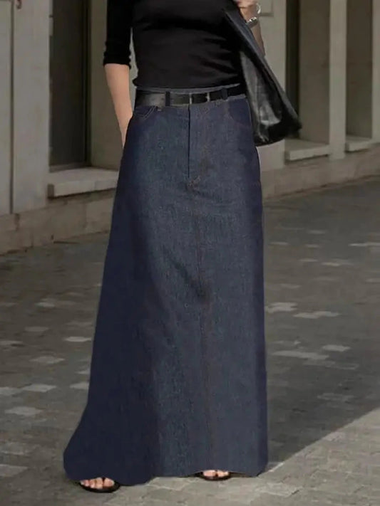 2025 New Fashion Imitation Denim H-Line High Waist Skirts Spring Summer Loose Solid Color Pockets Maxi Skirt For Women GlowCart