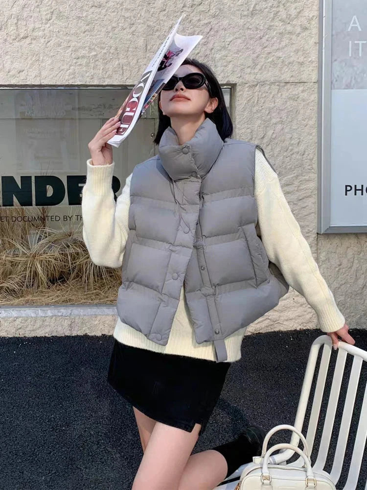 Autumn Winter Solid Stand Collar Puff Down Vest Women White GlowCart