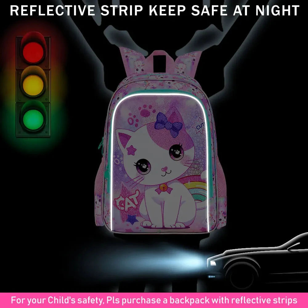 3PCS Backpacks for Girls Cute Reflective Cat Bookbag for Elementary, Kids Water Resistant Backpack Set with Lunch Box GlowCart