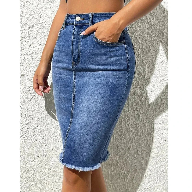 ﻿ ﻿ Women High Waist Denim Skirts Ladies Stretch Jeans Knee Length Casual Bodycon Skirt GlowCart