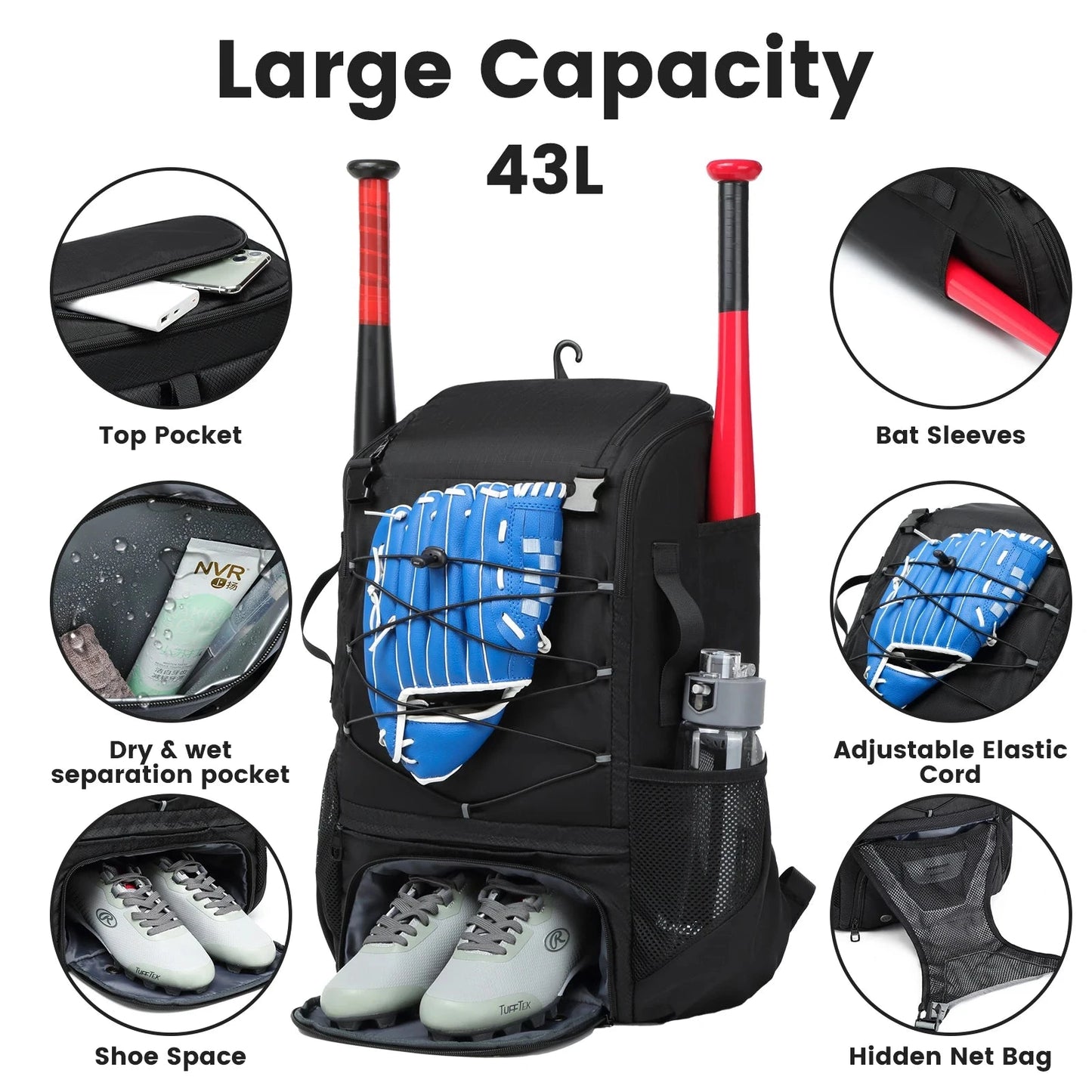 Baseball Equipment Bag Baseball Backpack with Shoe GlowCart