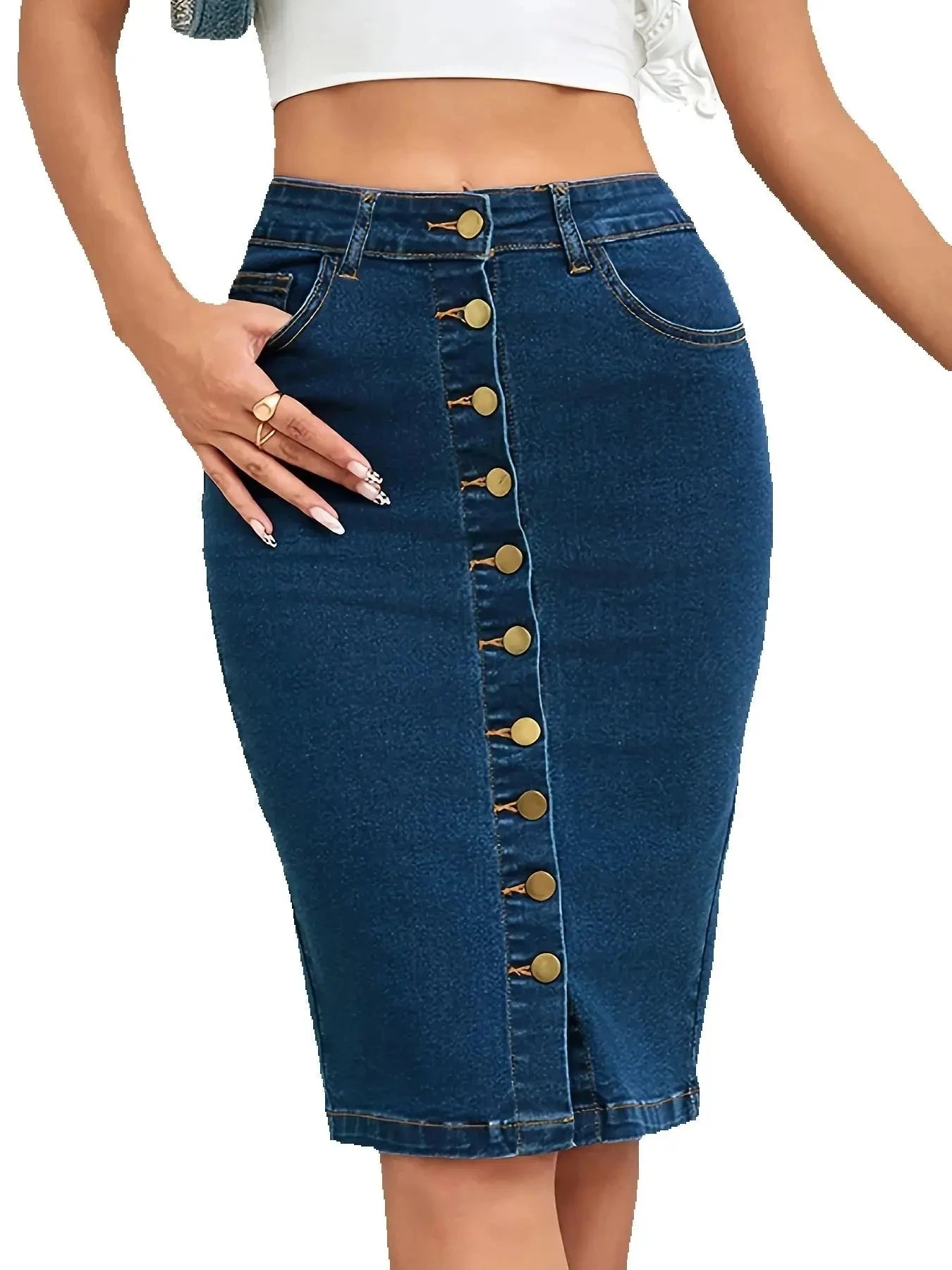 2025 Spring New Women's Summer Front Multi-Button Denim Skirt Fashion Elastic Knee Length Slim Hip-hugging Jeans Pencil Skirt GlowCart