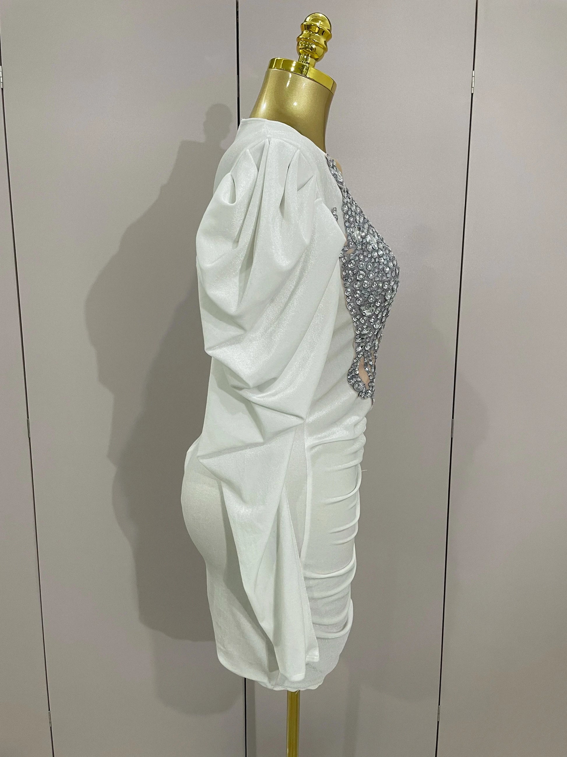 Luxury Sparkly Crystals Sexy Mesh White Velvet Short Dress GlowCart