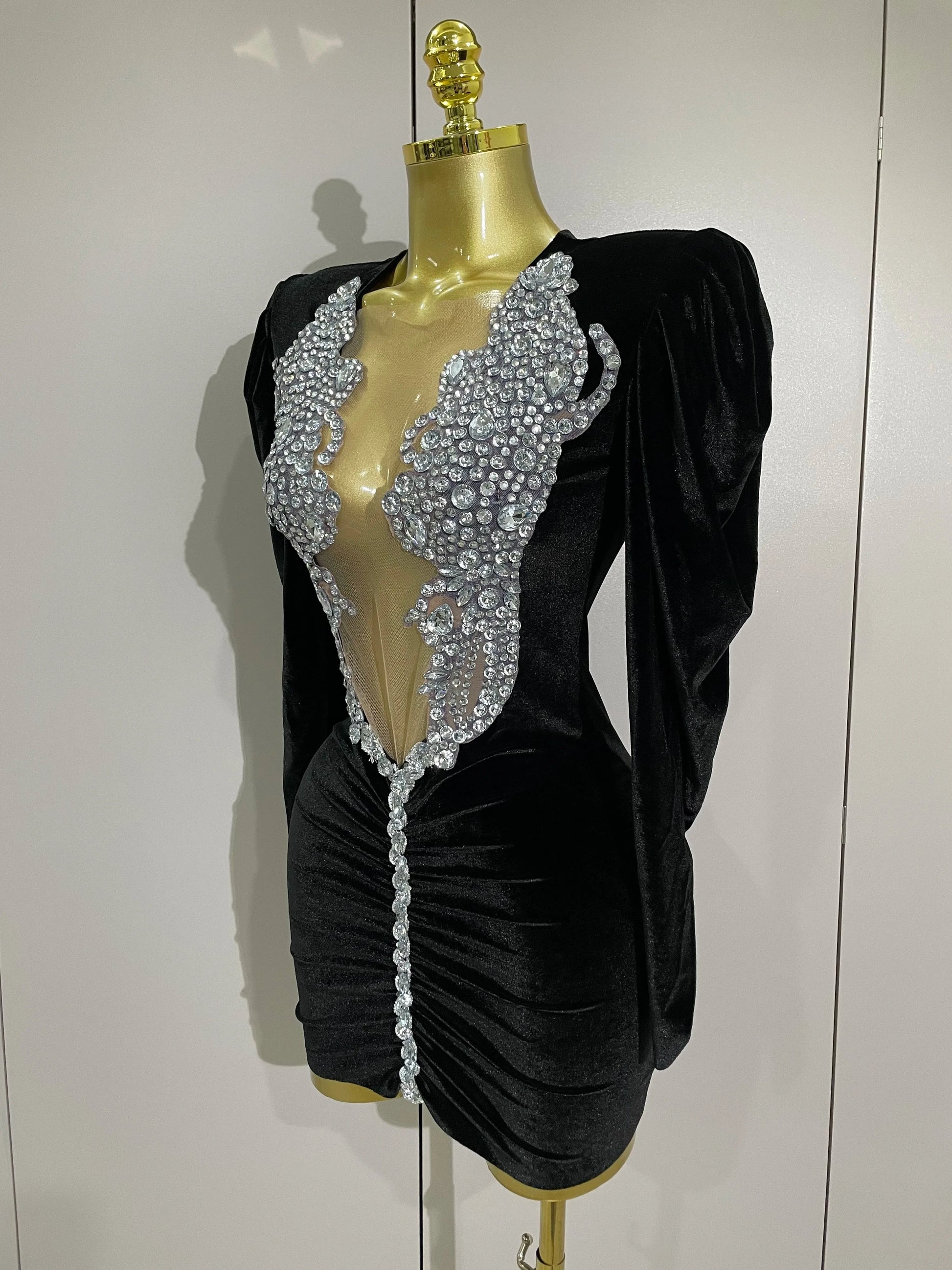 Luxury Sparkly Crystals Sexy Mesh White Velvet Short Dress GlowCart
