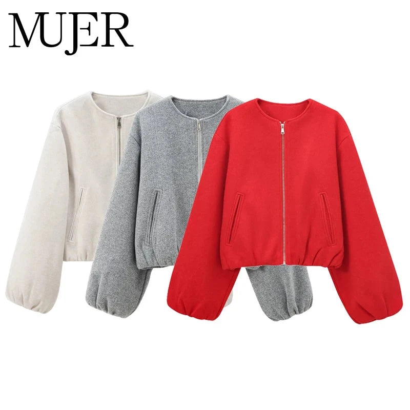 MUJER Red Zipper Bomber Jackets for Women Soft Cropped GlowCart