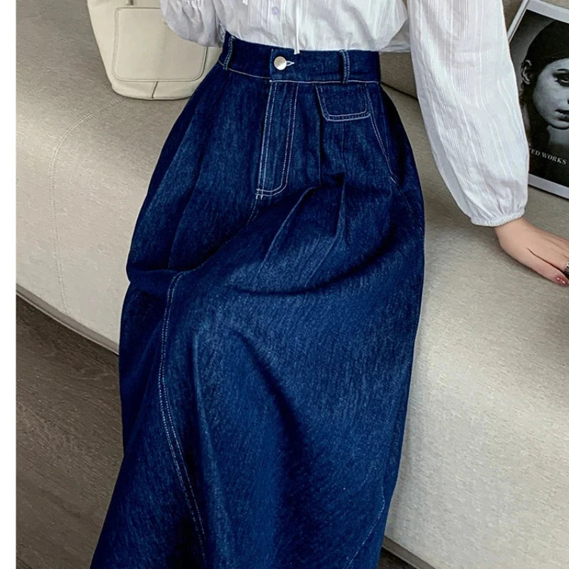Seoulish High Waist Vintage Denim Women's Umbrella Skirts Pockets Single Button Casual Loose A-line Long Skirts Female 2025 New GlowCart