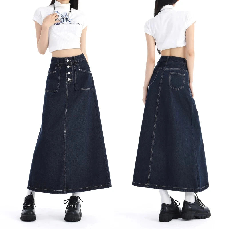 High Waist Denim Skirt Women Autumn 2024 New Arrival Single Buttons Long Skirt Women Korean Style Casual Jeans Skirts Womens GlowCart