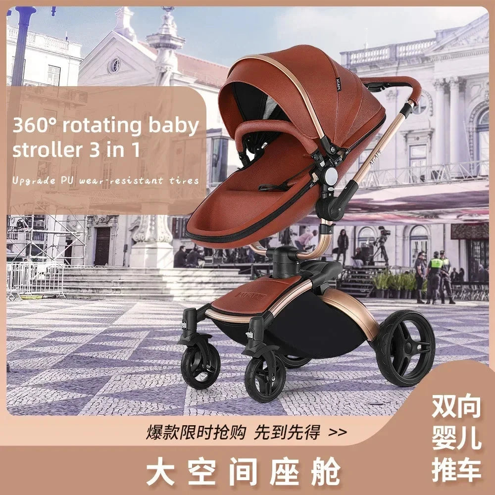 Landscape baby carriage PU leathe Baby stroller 3in1 Two-way High r Foldable shock-absorbing eggshell stroller 2in1 GlowCart