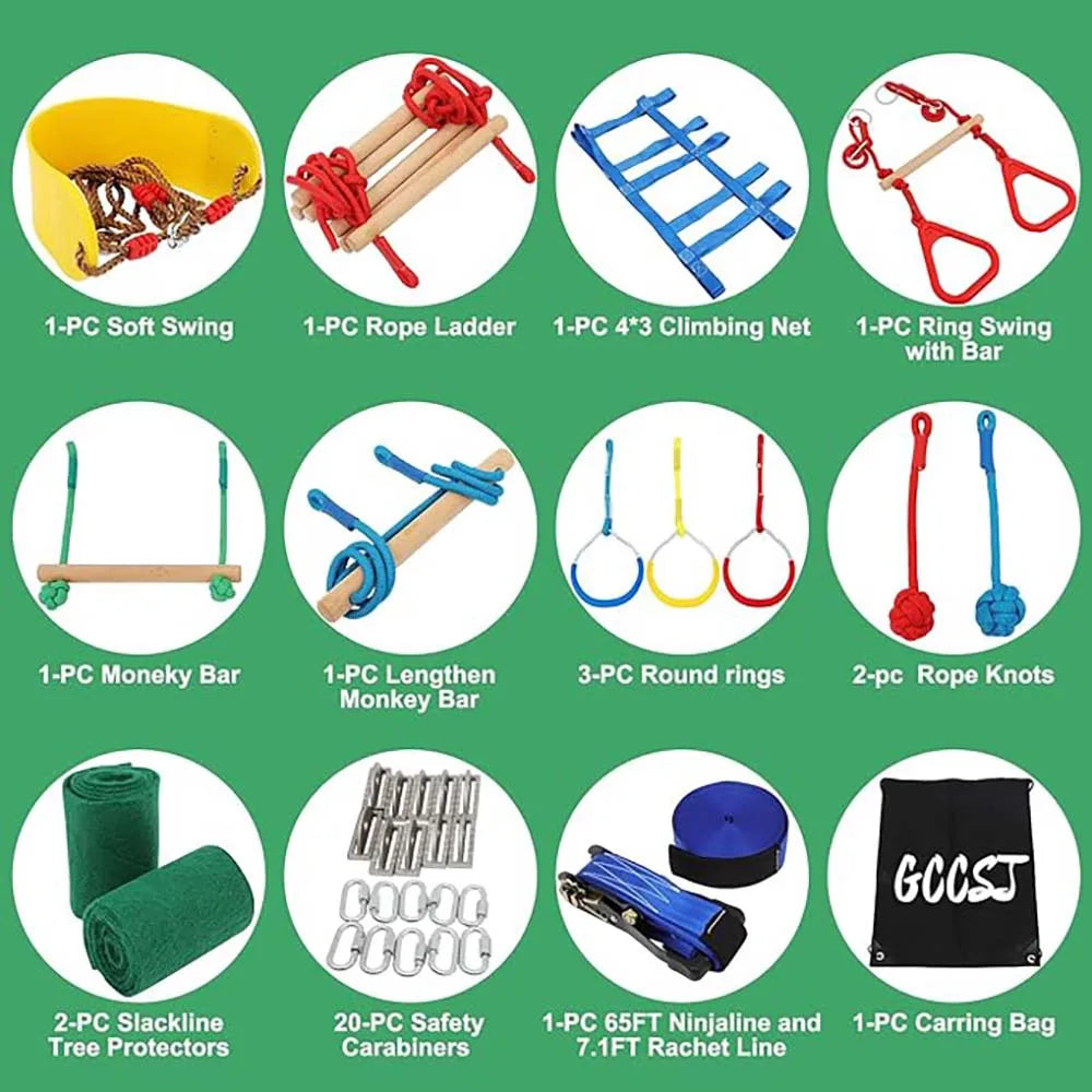 Warrior Obstacle Course For Kids And Adults - 65FT Slackline With Tree Climbing Rock Holds, Swing Seat, Monkey Bars, Ring Wheel, GlowCart