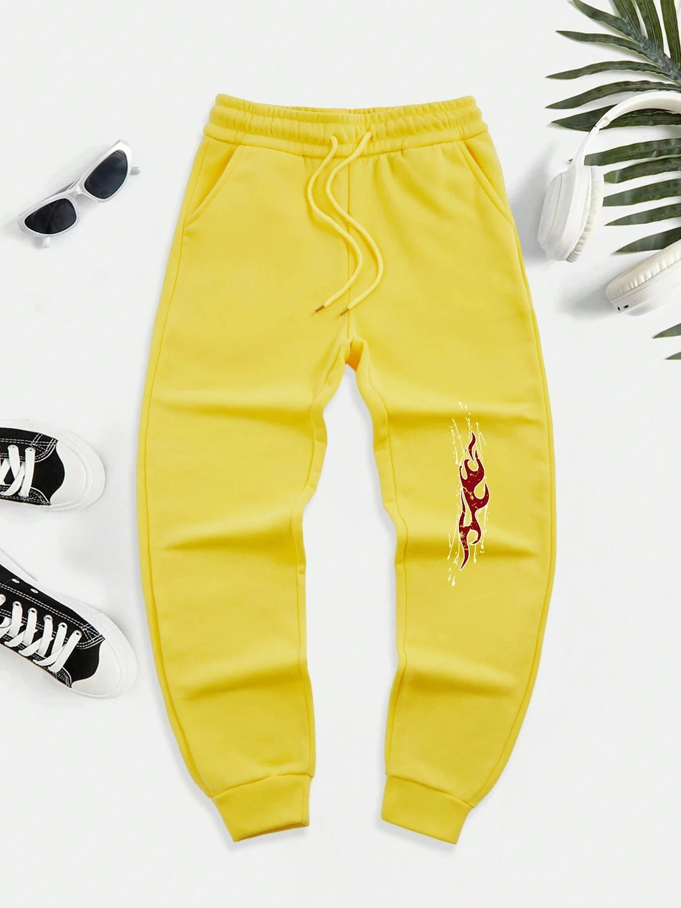 Dark Red Flame Print Men New Drawstring Jogging Pant Autumn GlowCart