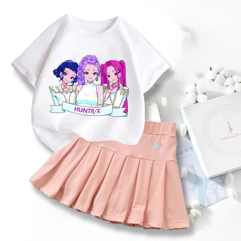 New K Pop Demon Hunters T-shirts Skirt Set Kawaii Cartoon Graphic T-shirt Kids Casual Short Sleeves Tops Summer Girl Clothes GlowCart