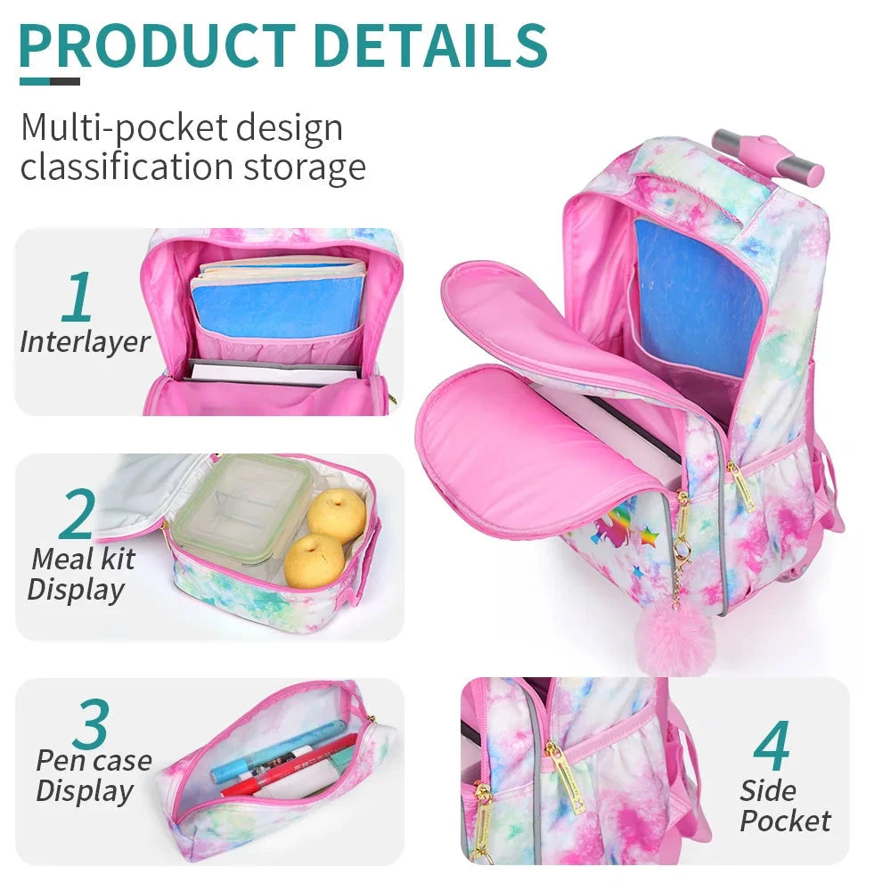 3PCS Rolling Backpack For Kids Wheeled School BookBag Golden Unicorn pattern design Glow-in-the-dark Function With Lunch Pen Bag GlowCart