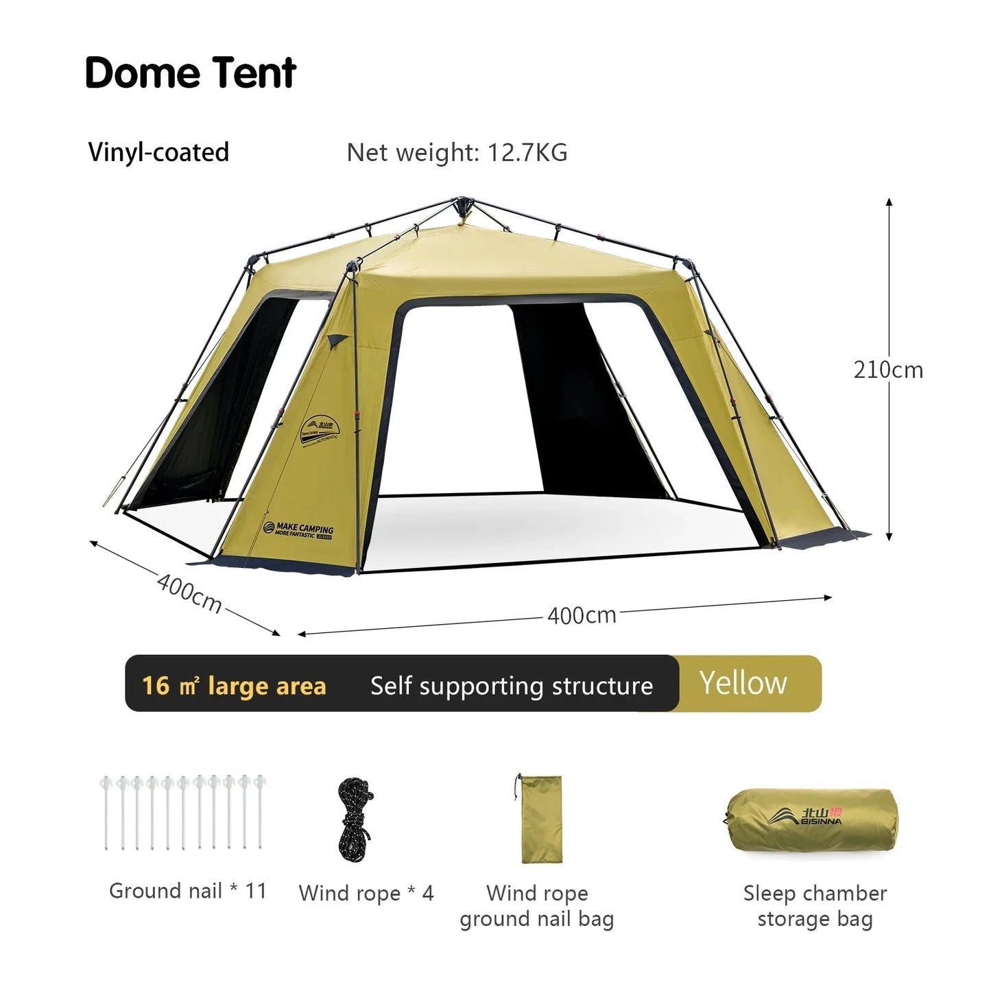 BISINNA 6-8 Persons One-touch Dome Tent Vinyl Coated Canopy GlowCart