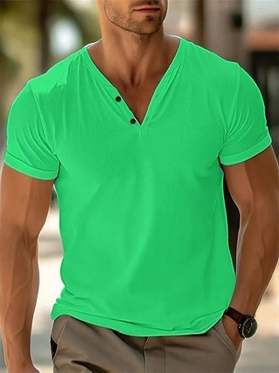Men's solid color V-neck casual T-shirt soft and breathable GlowCart