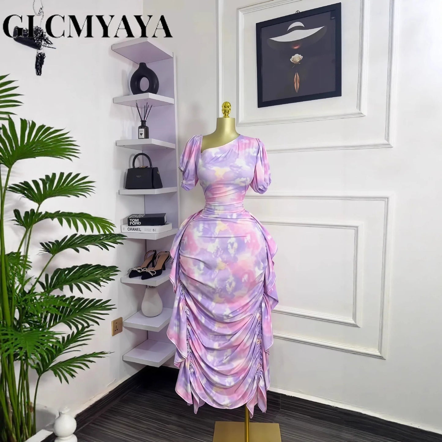 GLCMYAYA Women Tie Dye Printed Skew Neck Ruched Stacked Bodycon Midi Maxi Long Dress 2025 Vacation Holiday Sexy Vestidos Dresses GlowCart