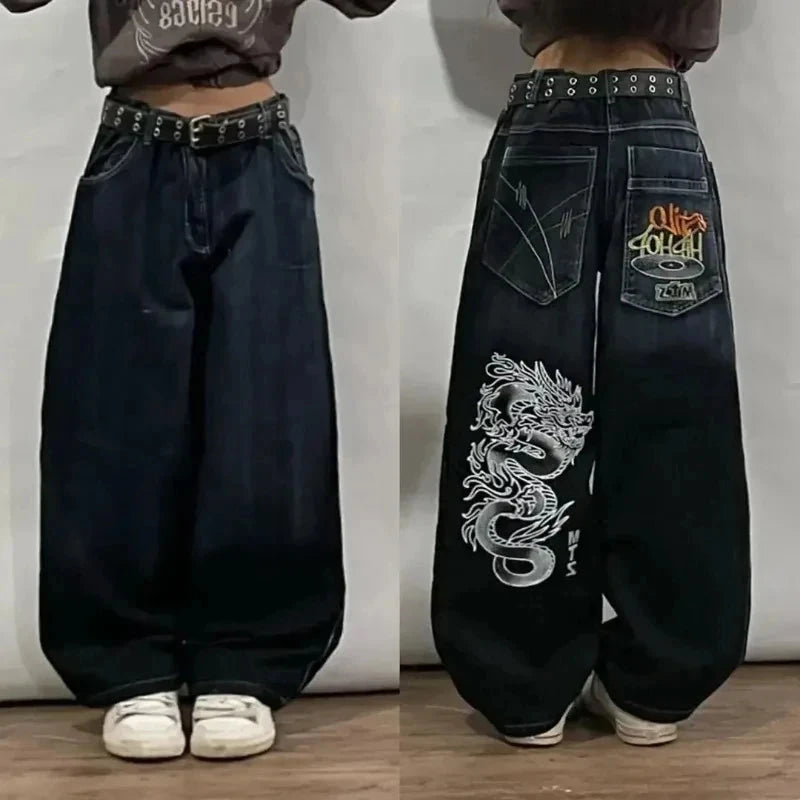 American New Pattern Embroidery Baggy Jeans Male Y2K High GlowCart