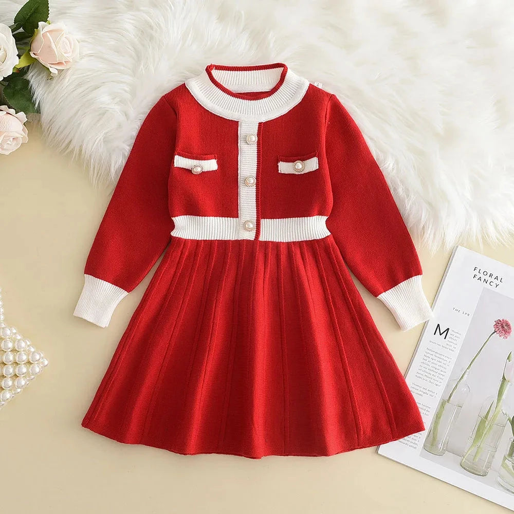 Bear Leader Winter New Year's Red Girl Knitting Wool Long Sleeve Splicing Dress Girl Baby Bow Fashion Dressses Christmas Clothes GlowCart