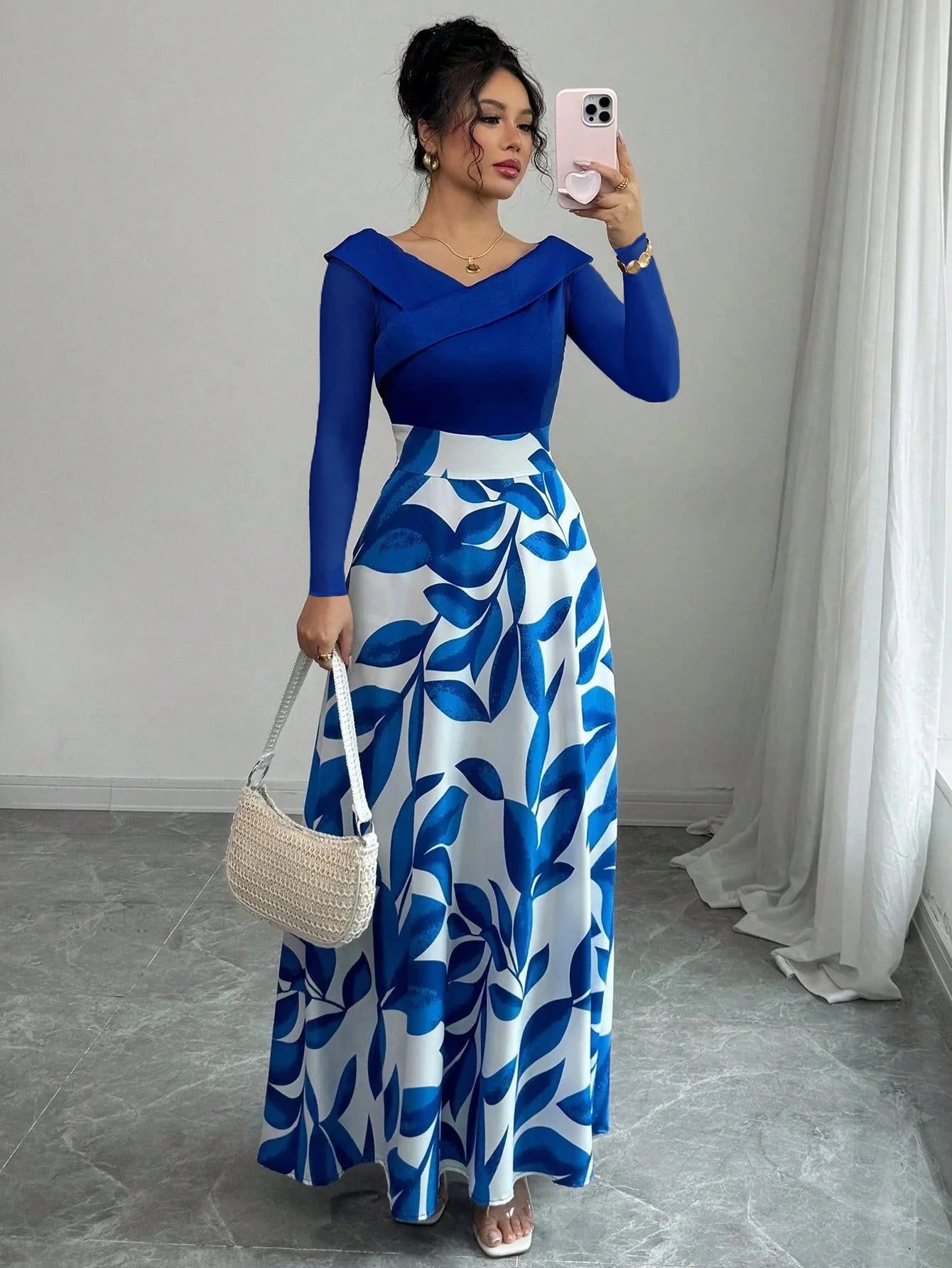 Women's Blue White Floral Maxi Dress Asymmetric Neckline GlowCart