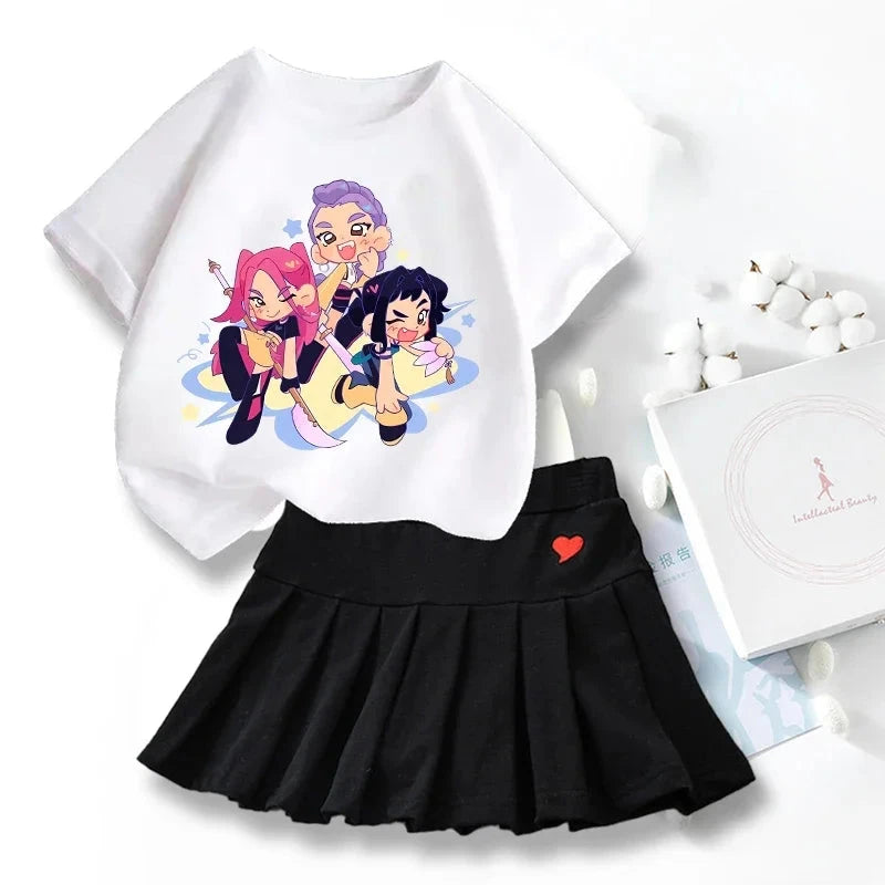 New K Pop Demon Hunters T-shirts Skirt Set Kawaii Cartoon Graphic T-shirt Kids Casual Short Sleeves Tops Summer Girl Clothes GlowCart