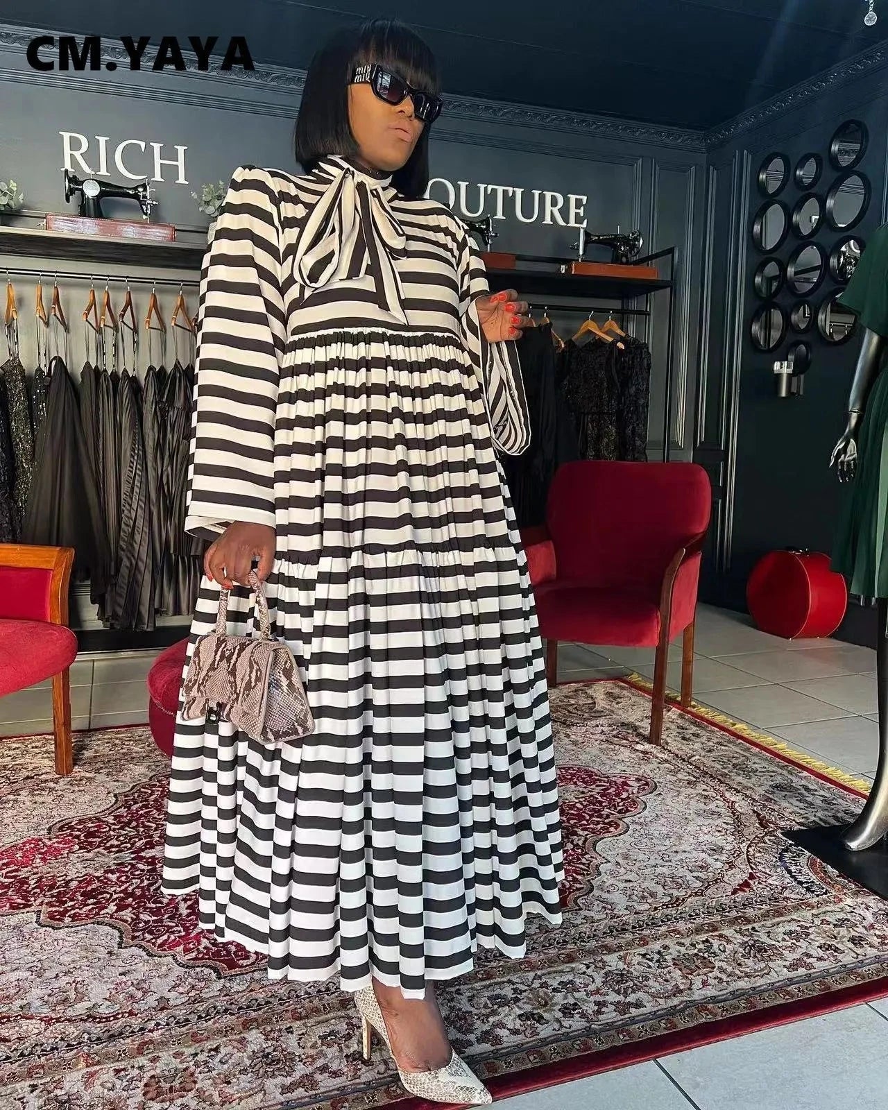 CM.YAYA Vintage Women Striped Bowknot Collar Long Sleeve GlowCart