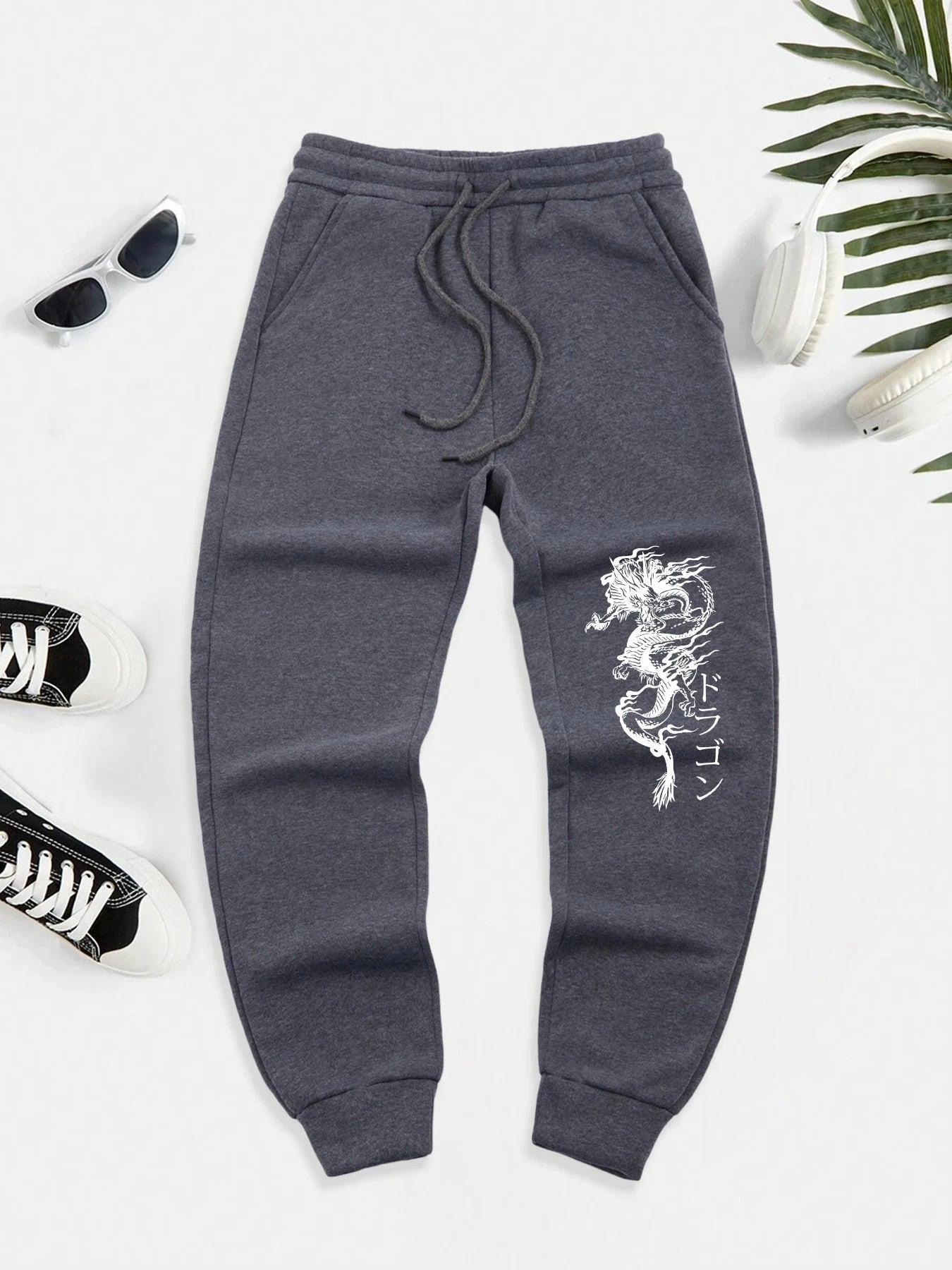 Japanese Word And Dragon Print Men New Warm Pants Fleece GlowCart