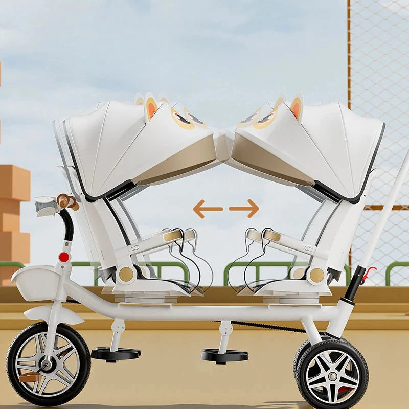 Multifunctional Twin Children's Tricycle Foldable Baby Bicycle Two-way Twin Baby Stroller Swivel Seat Double Stroller GlowCart
