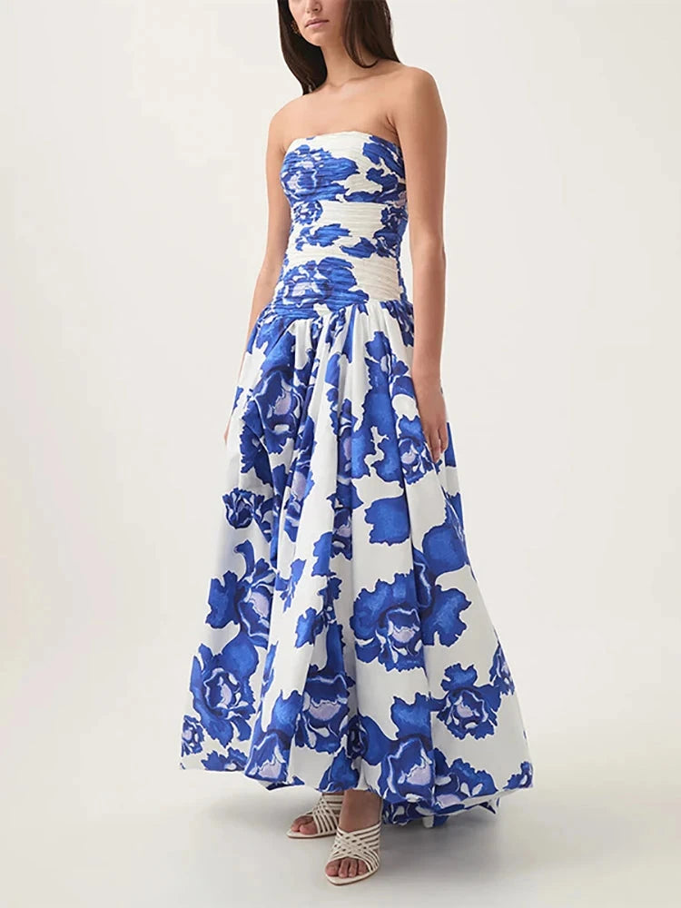 Sexy Strapless Printed Split Deign Long Bubble Dress Women GlowCart