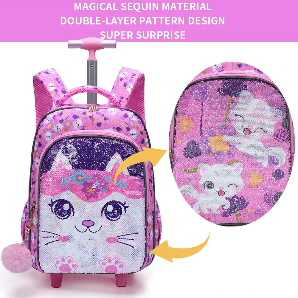 3PCS set Rolling Backpack For Girls, Cute Cartoon Cat Sequin Wheeled Bookbag For Elementary Students, With Lunch Box And Pen Bag GlowCart