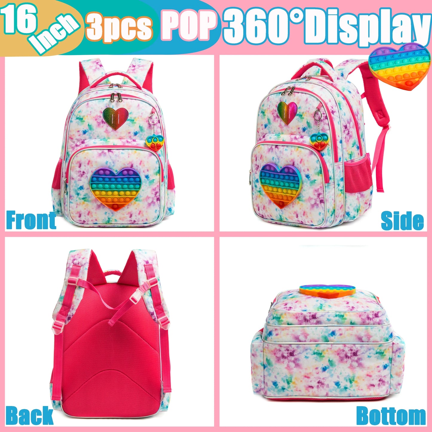 Meetbelify 16.5'' POP Backpack for Girls Kids  Elementary Preschool Student with Lunch Box Pencil Case 3 in 1 GlowCart