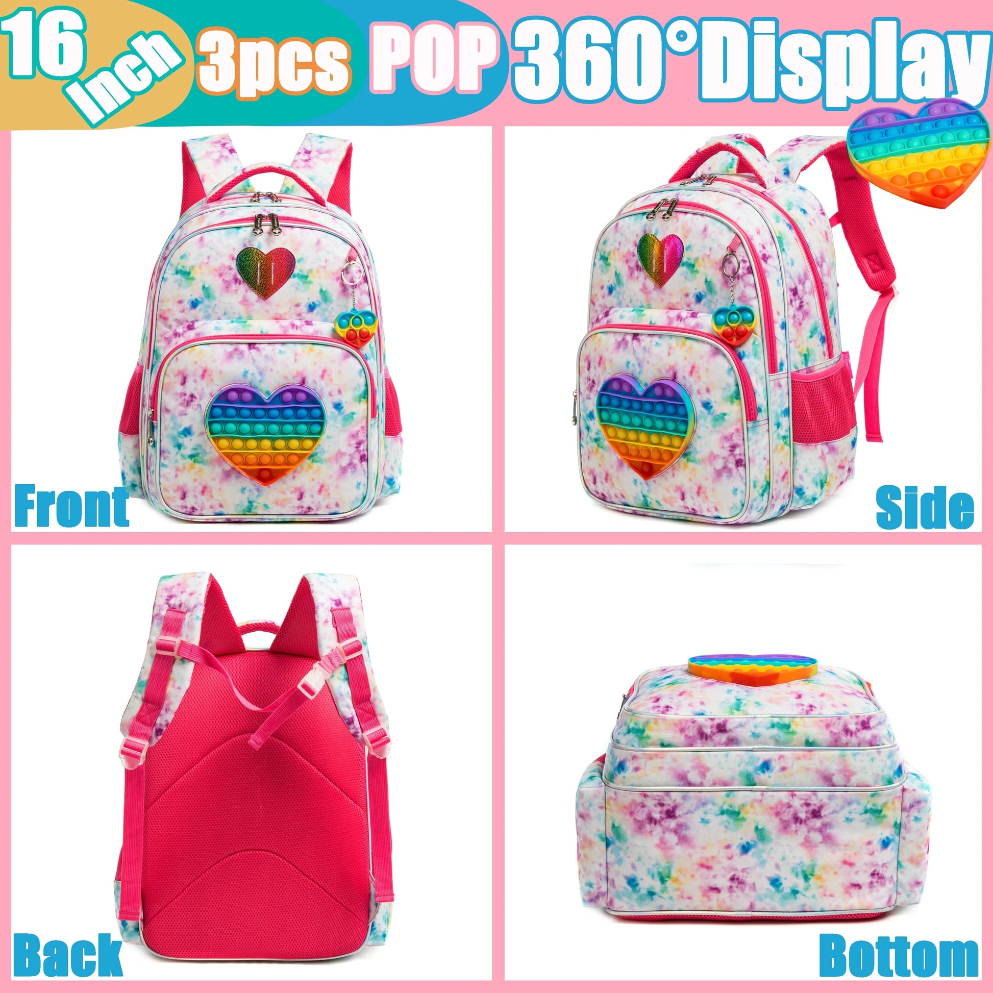 Meetbelify 16.5'' POP Backpack for Girls Kids  Elementary Preschool Student with Lunch Box Pencil Case 3 in 1 GlowCart