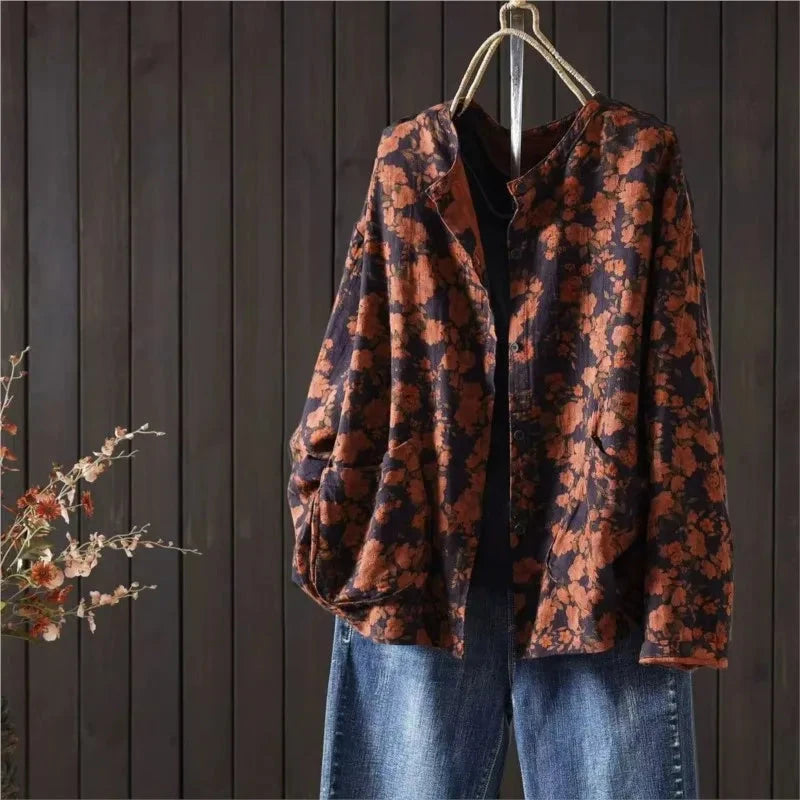 Retro Women Shirt 2025 Autumn New Casual O-Neck Button GlowCart