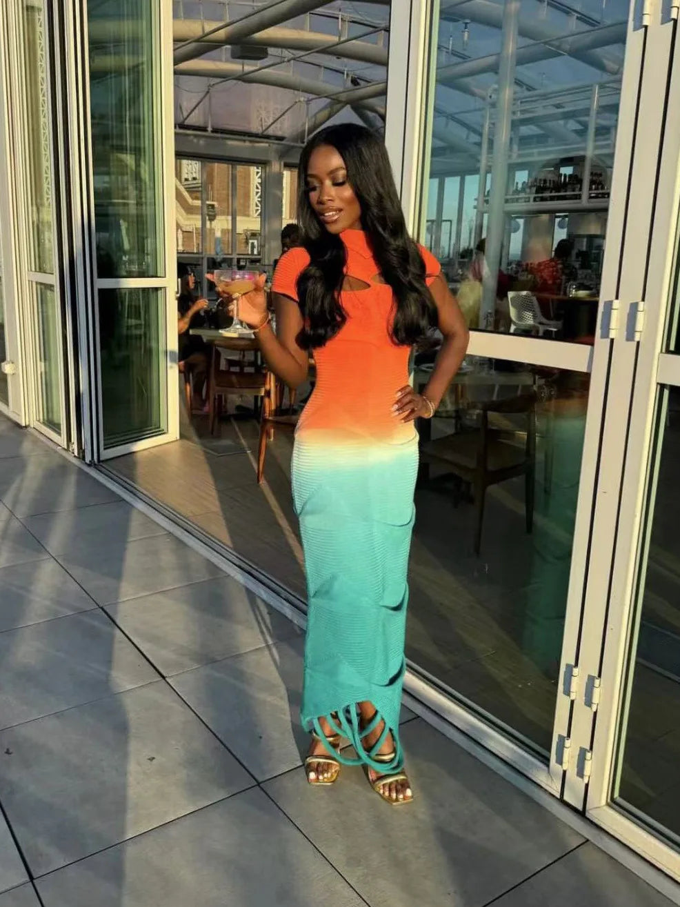 VEITCHE Fashion O-Neck Knitted Sweater Women Dress Pullover Sexy Gradient color Long dress 2025 New Spring Summer Maxi Dresses GlowCart