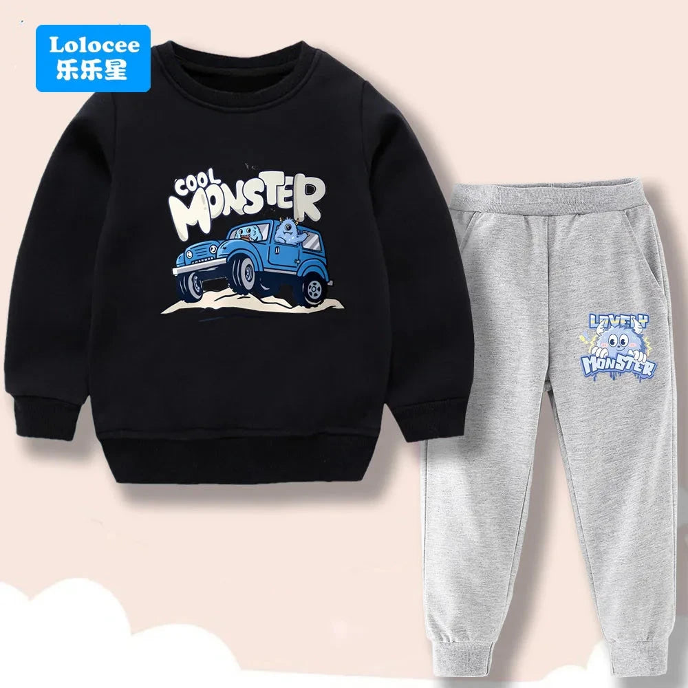 Spring/Autumn Children's Clothing Sets Cartoon Monster Print Boys' O Neck Sweatshirt Pants Two Piece Pullover Set for Kids GSJX1 GlowCart