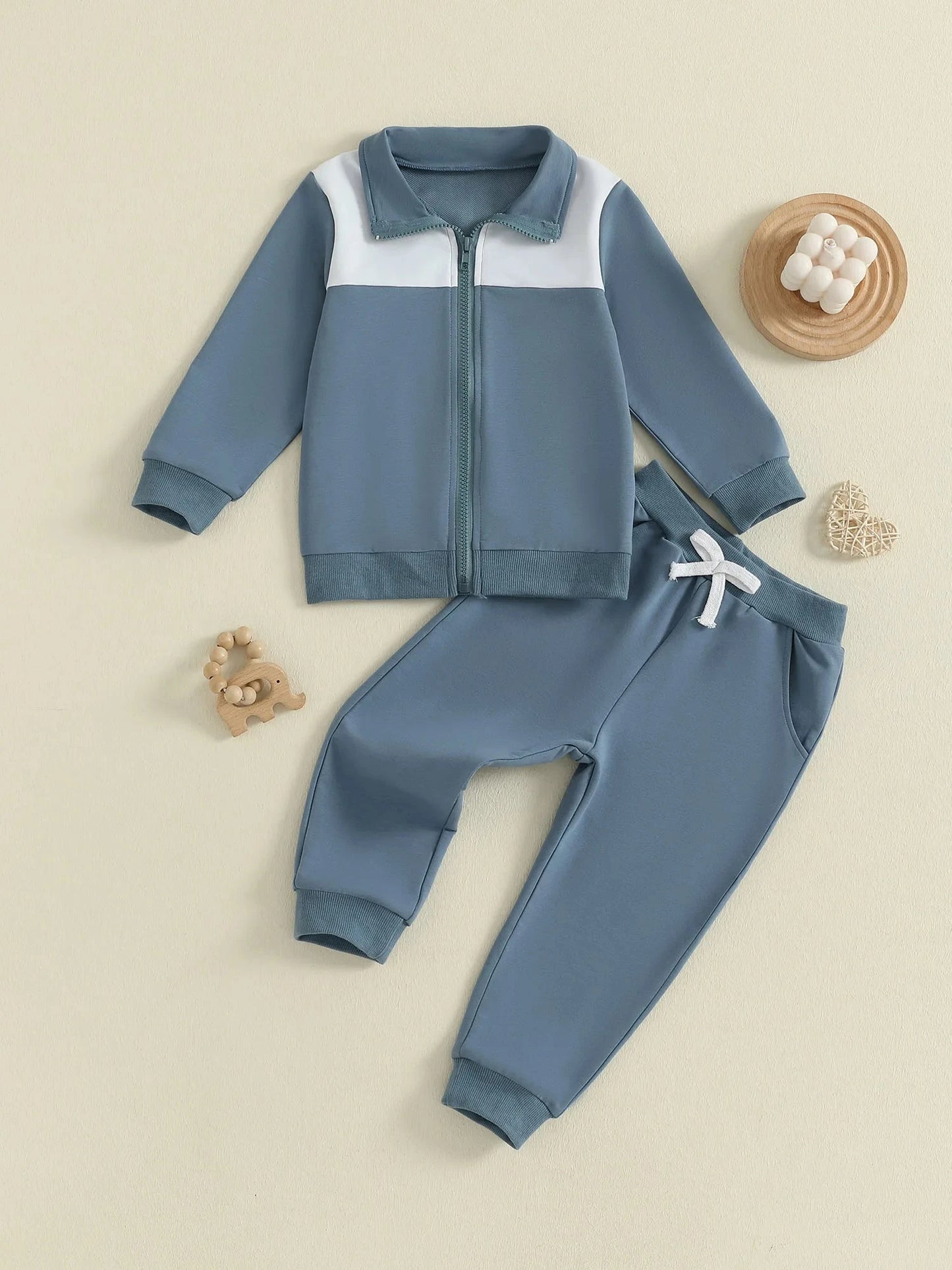 Toddler Boy Fall Outfits Contrast Color Long Sleeve Zip Up Jacket Elastic Waist Solid Pants 2 Pcs Set GlowCart