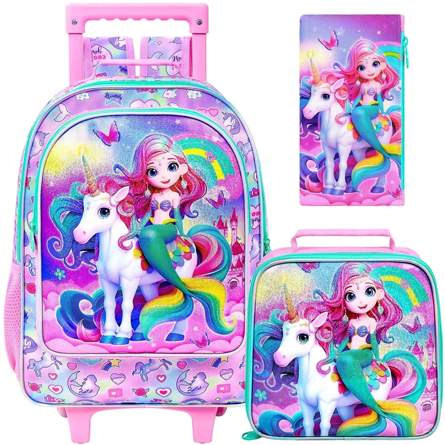 4PCS Rolling Bookbag for Girls, Cute Kids Mermaid Wheeled Backpack，Unicorn Roller School Bag with Wheels for Elementary Preschoo GlowCart