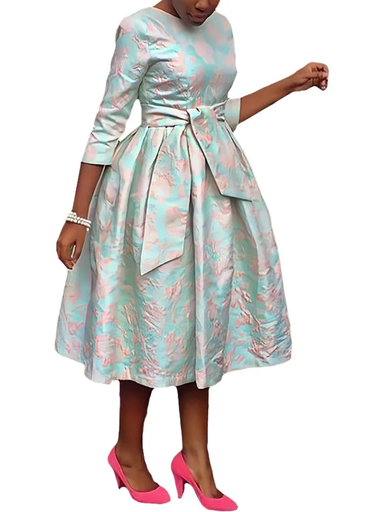 Women Print Midi Dress Cinched Waist Lace Up Splice Round Neck Dresses Casual A Line Elegant Vestidos Party Spring 2025 GlowCart