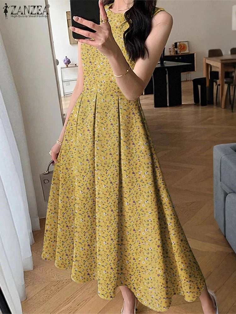 ZANZEA Women Sleeveless Pleated Dress 2025 Summer Korean GlowCart
