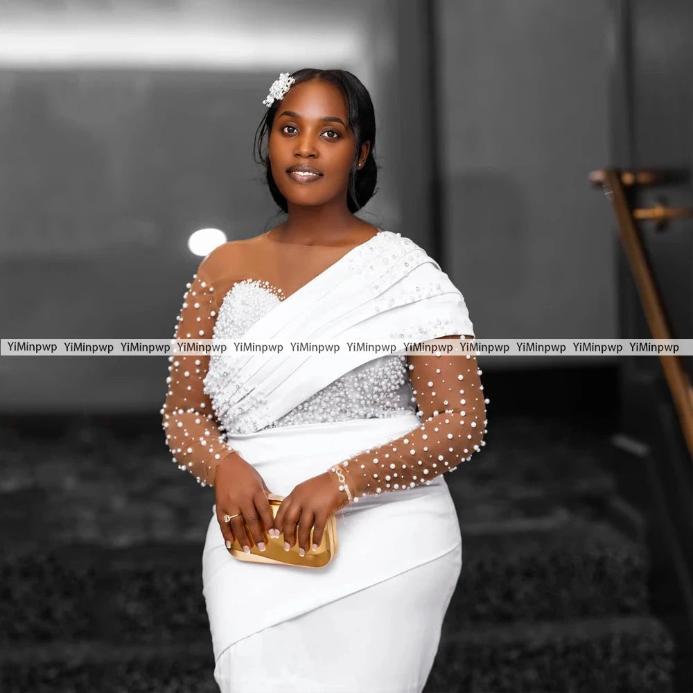 Mini Beaded Wedding Dresses 2025 Women Long Sleeve Pearls GlowCart