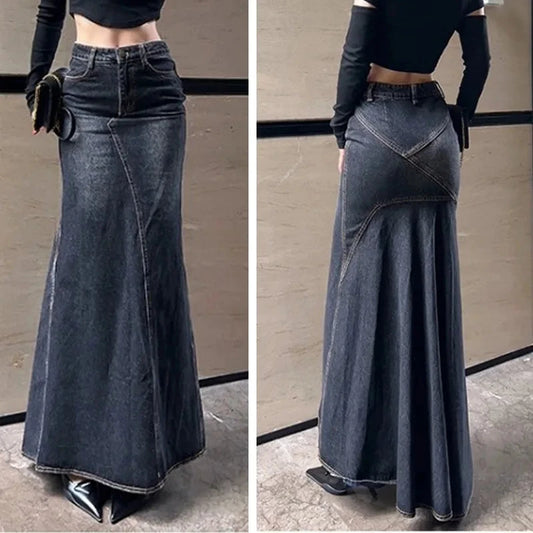 Maxi Skirt Women Casual Mermaid Streatwear High Waist Zipper Denim Skirts Y2k Streetwear Loose Long Mom Jeans Ankle Lenth Summer GlowCart