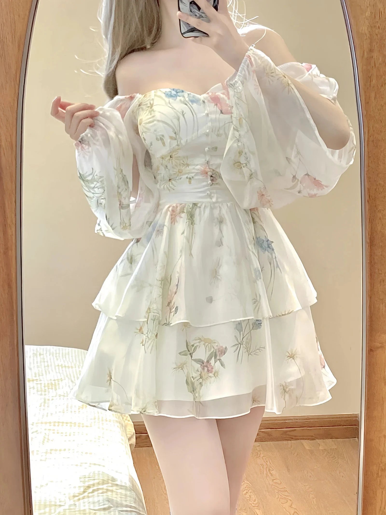 French Elegant Floral Mini Dress Chiffon Long Sleeve Evening GlowCart