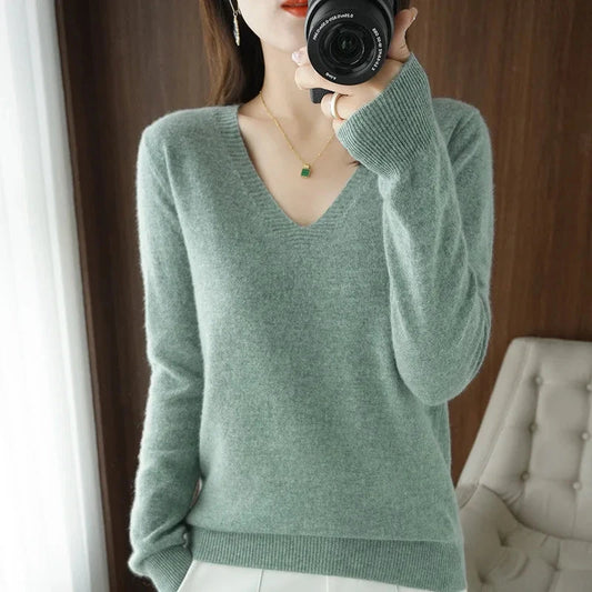 Women's Sweater 2025 Autumn Winter Knitted Pullovers V-neck GlowCart