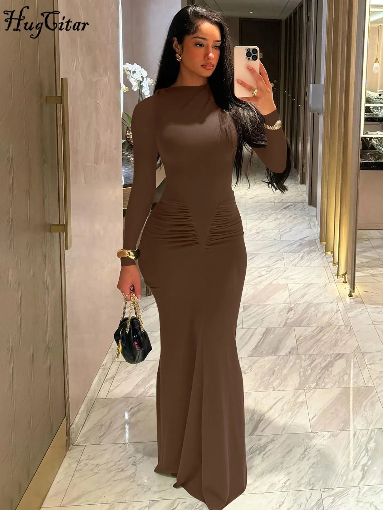 Hugcitar Autumn Solid Long Sleeve Draped Sexy Bodycon Maxi Prom Dress Women Fashion Y2K Outfits Evening Party Festival Club GlowCart