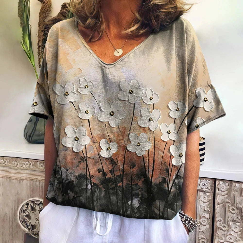 Women's T Shirts V-neck 3d Art Print Tops Loose Short Sleeve GlowCart