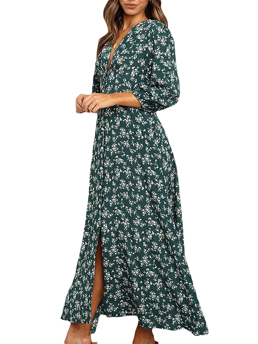 Women's Summer Bohemian Floral Print Long Maxi Dress Retro GlowCart