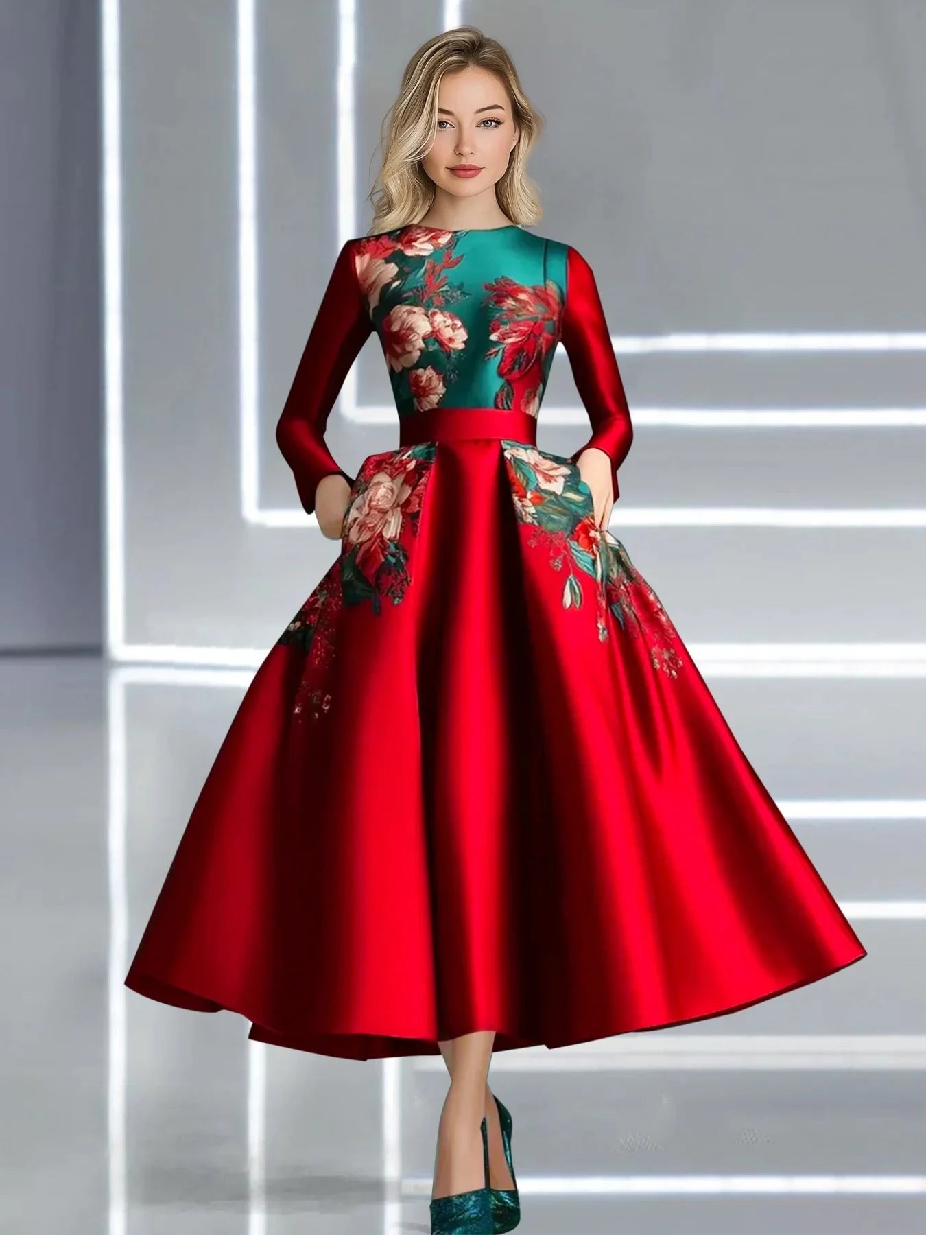 Elegant Women's Prom Dresses Floral Printed Round Neck GlowCart